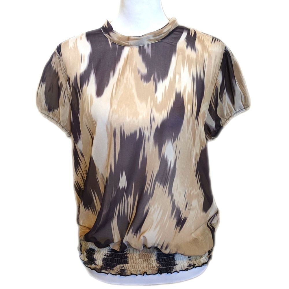 New York & Company sheer puff sleeve, tie neck blouse, brown & tan M